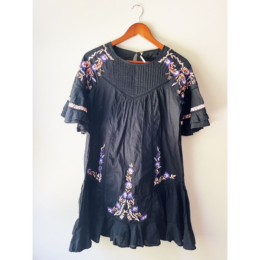 Free People Pavlo Embroidered Babydoll Tunic Mini Dress Black Floral Boho XS - Picture 6 of 12